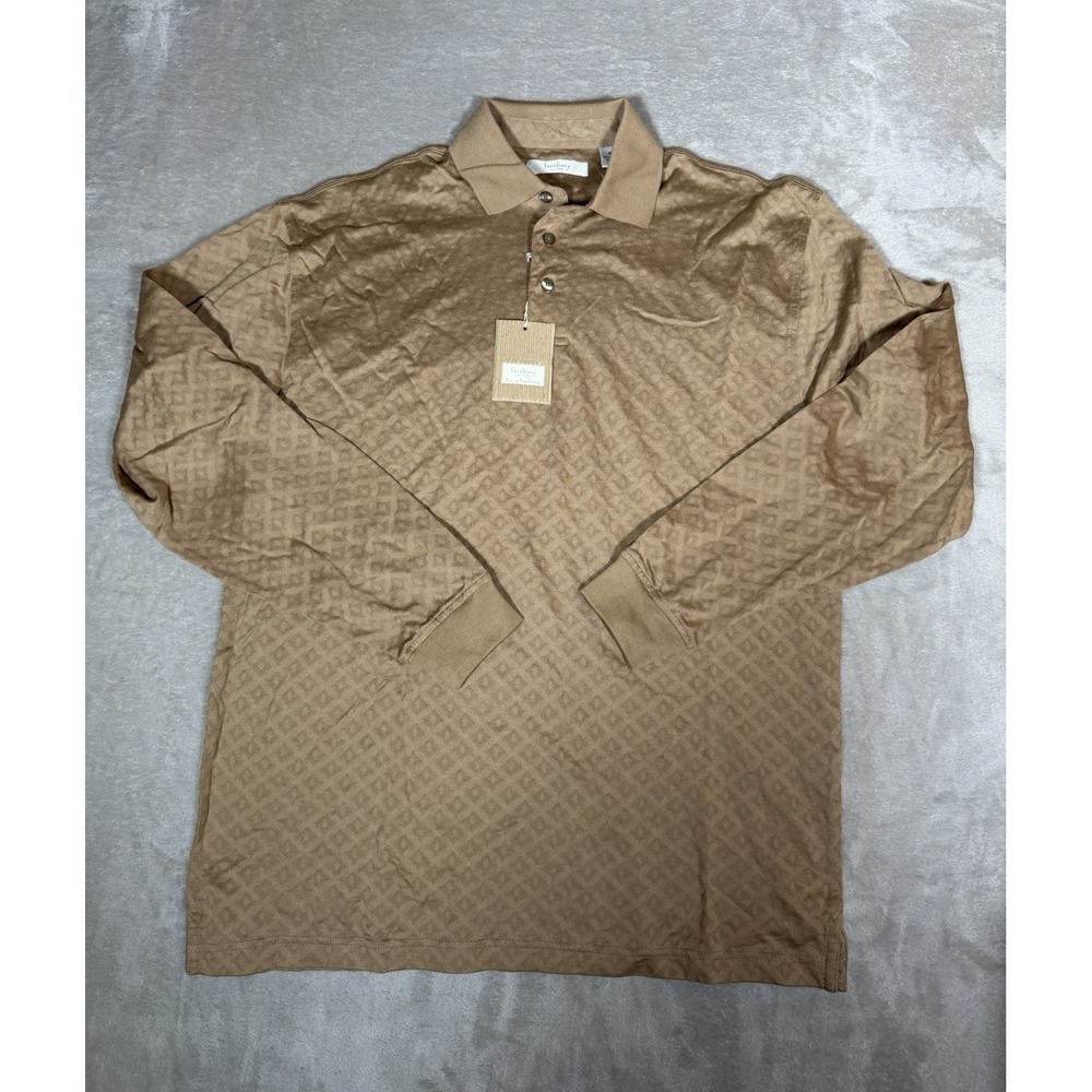 Turnbury Men's Geometric Khaki Long Sleeve Cotton Collared Polo Shirt M